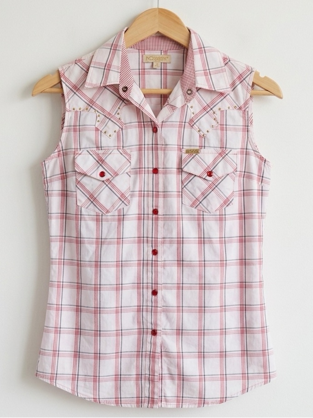 Vintage Rockies Sleeveless Plaid Cowgirl Shirt | Medium Red Pearl Snap Western V